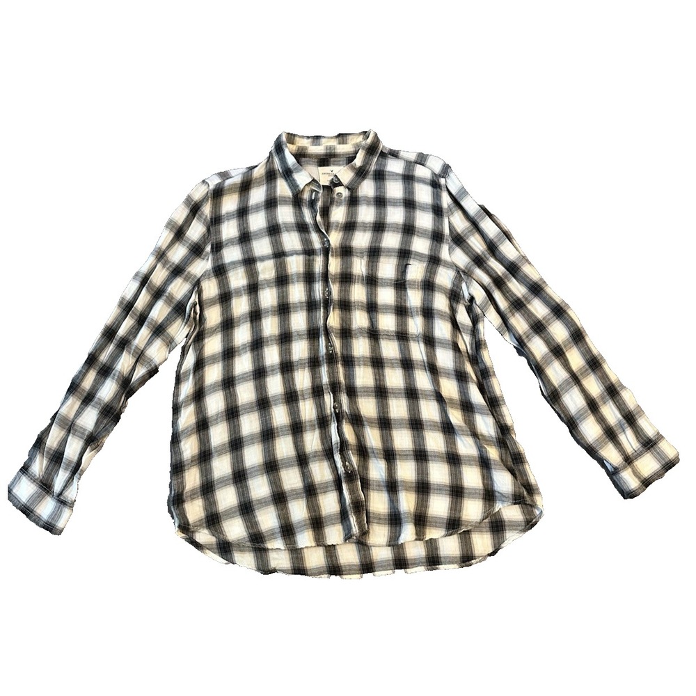 American Eagle Lyocell Blend Boyfriend Womens Plaid Shirt XL Black White Grunge